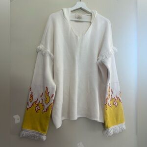White❤️‍🔥🔥Hoodie with Yellow Flame Sleeves